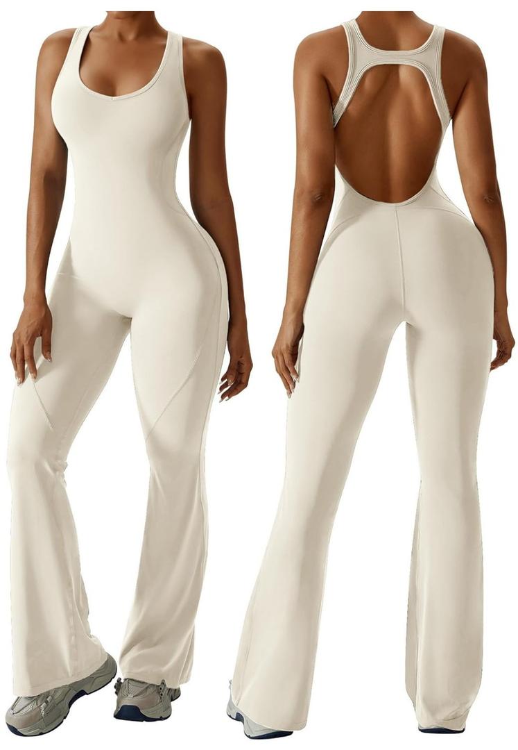 OEAK Womens Flare Jumpsuit with Bra Tummy Control Cutout Romper Workout Outfit Sleeveless Unitard One Piece Backless Bodysuit (XL, Beige)