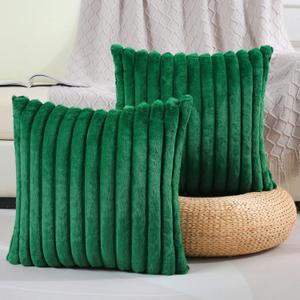 FUTEI Emerald Green Striped Decorative Throw Pillow Covers 20x20 Inch Set of 2,Square Spring Decorations Couch Pillow Case,Soft Cozy Faux Rabbit Fur & Velvet Back,Modern Home Decor for Bed