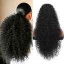 27 inch Drawstring Ponytail Extension for Women Deep Curly Ponytail Extension with Human Hair Afro Kinky Curly Long Protective Style Wave Ponytail (Black)