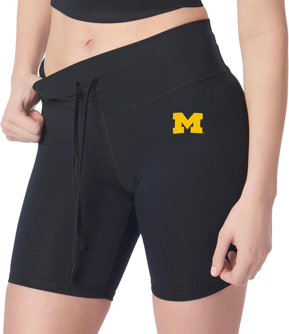 NCAA High Waisted Rib Shorts for Women and Girls, Athletic Biker Shorts with Drawstring (Black, XS)