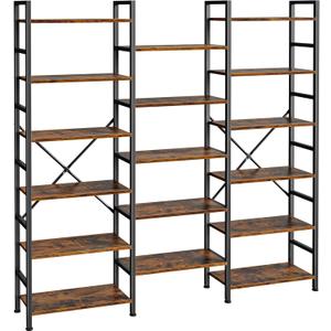 SUPERJARE Triple 6 Tier Bookshelf, Bookcase with 17 Open Display Shelves, Wide Book Shelf Book Case for Home & Office, Rustic Brown