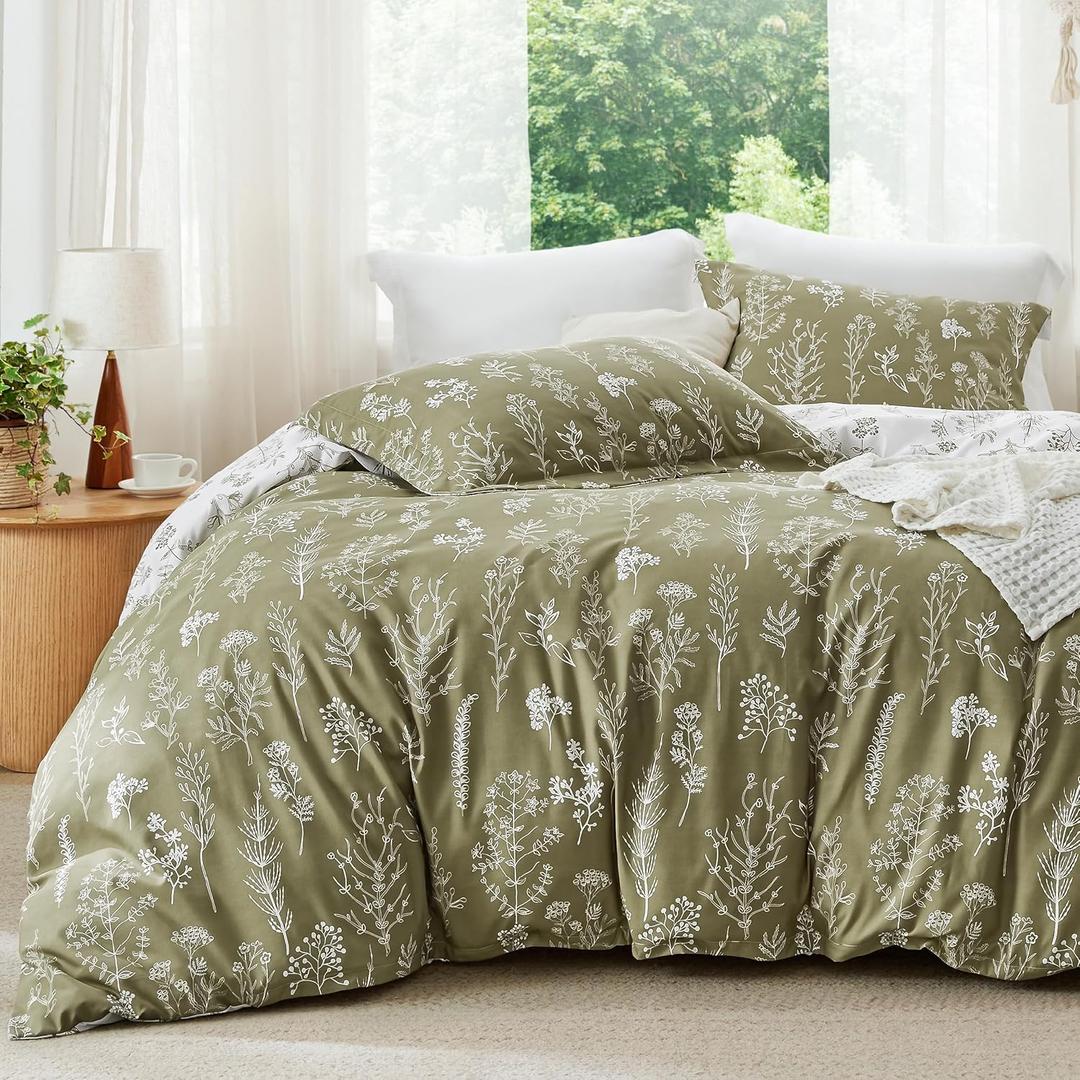 Bedsure King Comforter Set - Olive Green Bed Set, 3 Pieces Cute Floral Bedding, 1 Soft Reversible Botanical Flowers Comforter and 2 Pillow Shams