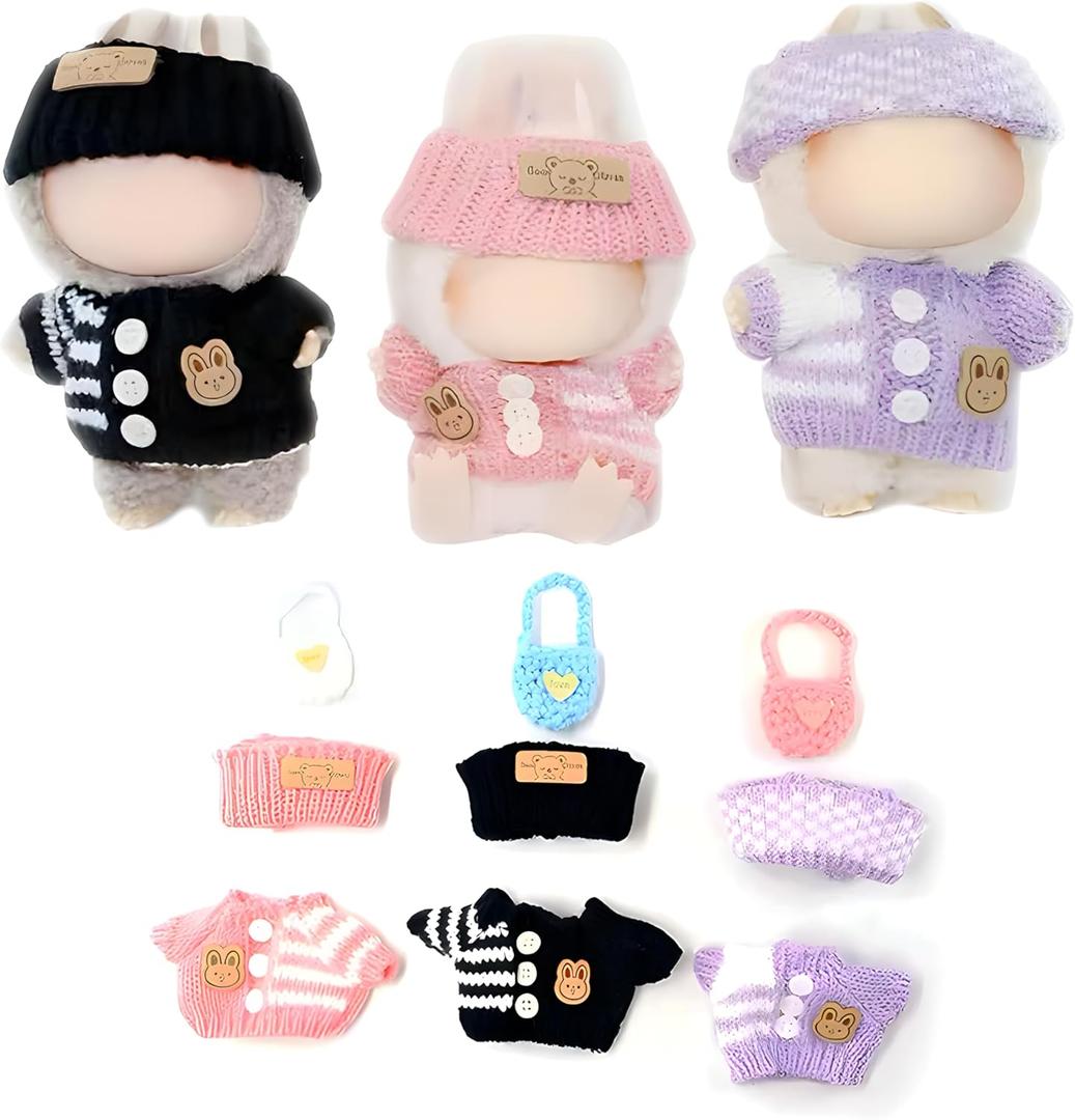 2 x Clothes Set for Labubu,9 Pieces - 3 Clothes Set for 15cm&17cm Labubu, Outfits for Dolls - Sweater + Hat + Bag, Premium Doll Outfit with Multiple Color(Pink,Black,Purple)