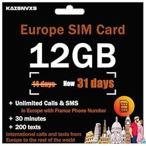 Prepaid SIM Card for Europe Travel with 12GB of 4G Data, Unlimited Calls and SMS in Europe with France Phone Number, 30 mins and 200 SMS from Europe to Worldwide(Lasts for 31 Days), Tethering Allowed
