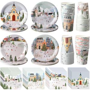 Yungyan 144 Pcs Winter Village Party Supplies Holiday Paper Dinner Plates Disposable Napkins and Paper Cups Tableware Set for Winter Holiday Christmas Party Decor Gift Serves 48
