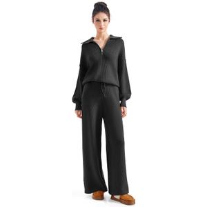SUUKSESS Women 2 Piece Lounge Sets Oversized Quarter Zip Pullover Wide Leg Pants (Black, L)