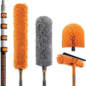 24 Foot High Reach Duster Kit with 5-18 ft Extension Pole for Cleaning | High Ceiling Dusting & Window Cleaning Kit with Telescopic Pole, Window Washer Squeegee, Cobweb Duster, Fan & Feather Dusters