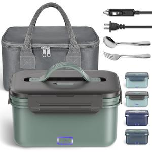 Vingud Electric Lunch Box 100W, 4 in 1 Heated Lunch Box for Adults, Portable Heating Lunch Box for Work/Car/Truck, with 1.8L Stainless Steel Container, 12V 24V 110V 220V, Green Grey