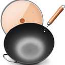 WANGYUANJI Carbon Steel Wok Pan, 13.4" Woks & Stir-Fry Pans with Glass Lid No Chemical Coated Flat Bottom Iron Wok for Induction, Electric, Gas, Halogen All Stoves