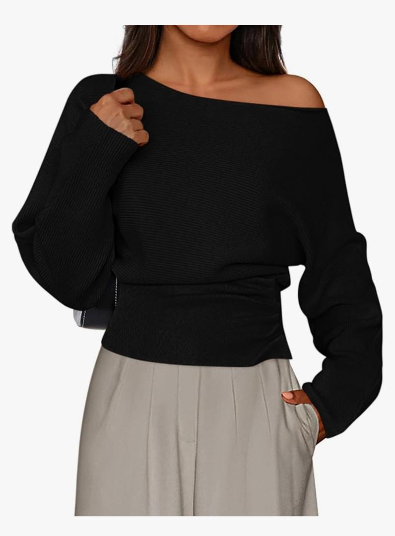 PRETTYGARDEN Women Off The Shoulder Sweater 2026 Fall Trendy Long Batwing Sleeve Knit Pullover Going Out Tops Winter Clothing, XL