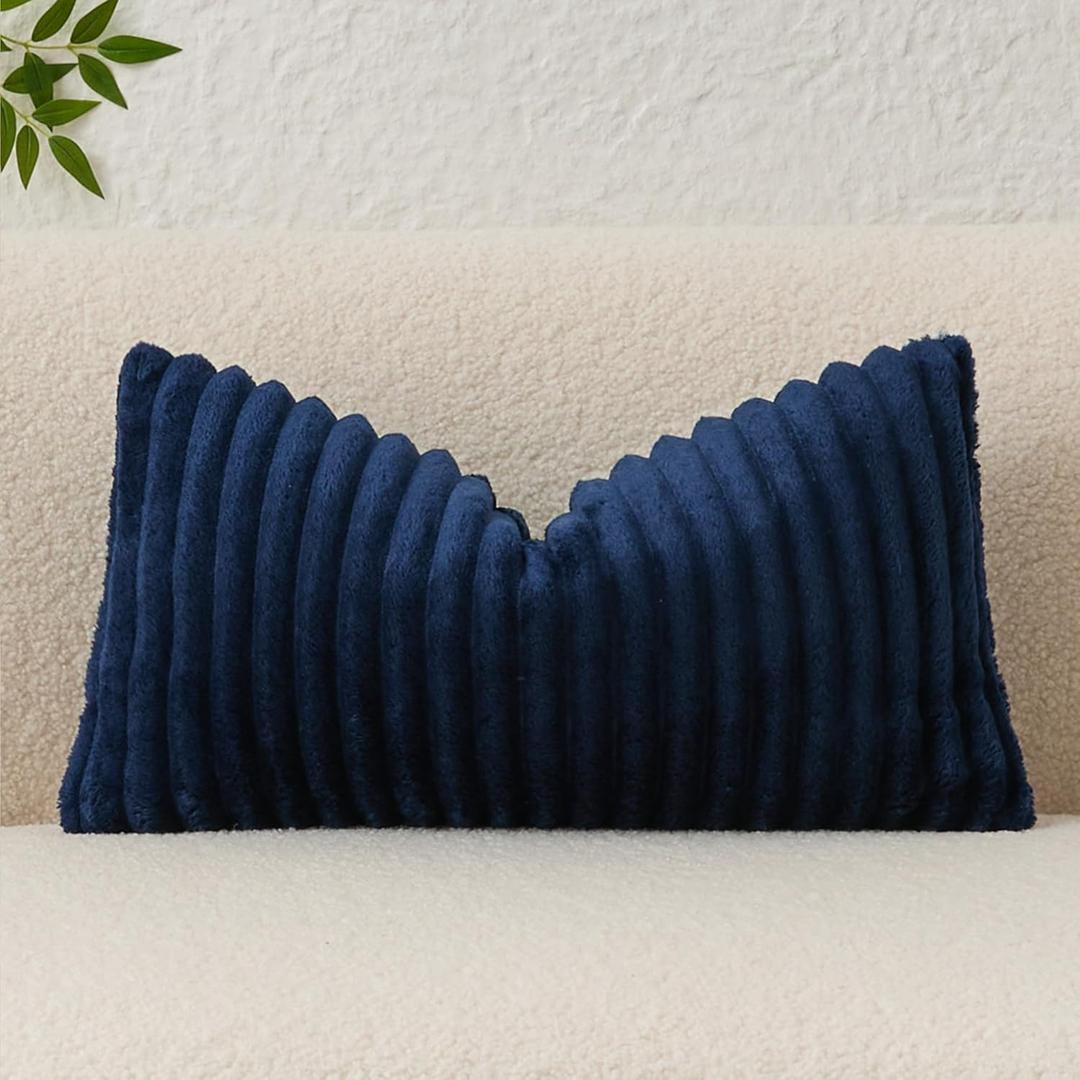 Kevin Textile Soft Plush 12x24 Inch Lumbar Pillow Cover 1 Pack, Luxury Fluffy Faux Fur Striped Flannel Rectangle Cushion Case for Couch Sofa Chair Bed Home Decor, Navy Blue
