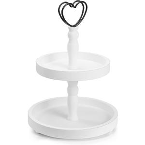 Two Tiered Tray Stand, White Tiered Decorative Tray for Vintage Decor, Round Wooden Serving Tier Tray(White)