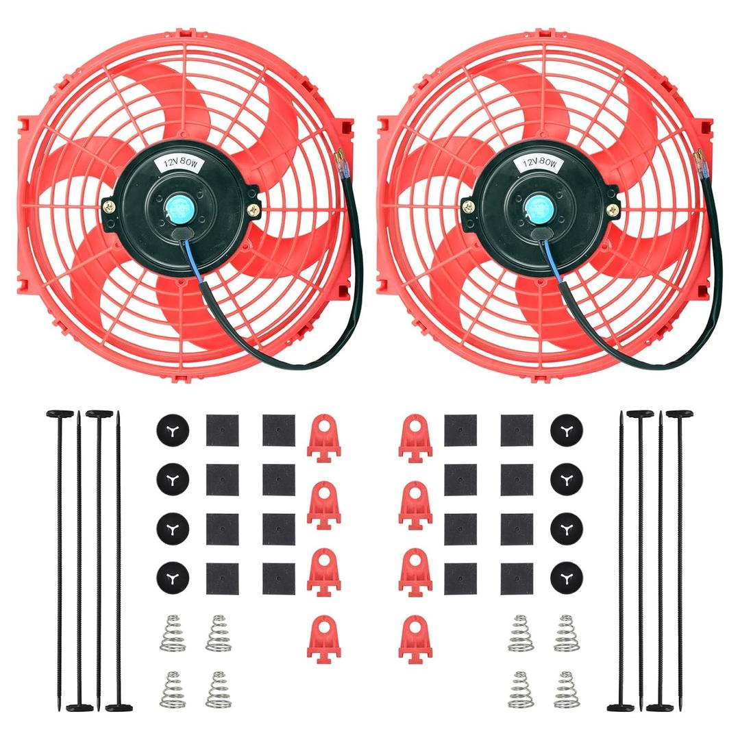10 Inch Universal Slim Fan Push Pull Electric Radiator 12V 80W 800 CFM Electric Auto Engine Radiator Cooling Fan Mount Kit Red,2 Pack