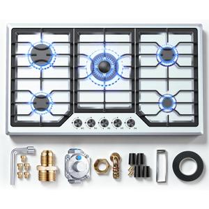 Gas Cooktop 36 Inch ROVLEP, Gas Stove Top Built-in 5 Burners Stainless Steel Total 37,600 BTU, NG/LPG Convertible Propane Cooktops Dual Fuel, RV Stove Top with Thermocouple Protect (36 INCH)