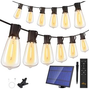 Ollny 50+2 LEDs ST38 Solar String Lights, 100 FT USB & Solar Dual Charging Outdoor String Lights, 3 Modes 5 Timers 10 Brightness 2200K Waterproof Patio Lights for Porch Garden Market Bistro Camping