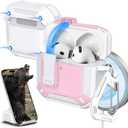 R-fun for AirPods 4 Case with Cleaning Kit, Carbon Fiber Elements Military Drop Proof Auto Pop up Cover, Phone Stand and Magnetic Base with Carabiner Hook Compatible with AirPods 4th Gen 2024,White/Pink