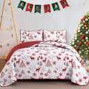 Luxudecor Christmas Quilt Set King Size, Xmas Tree Reindeer Snowflake Quilt Elk Deer Red Bedspread 3 Pieces Lightweight Festival Coverlet Bedding Gifts (King, 108×92")
