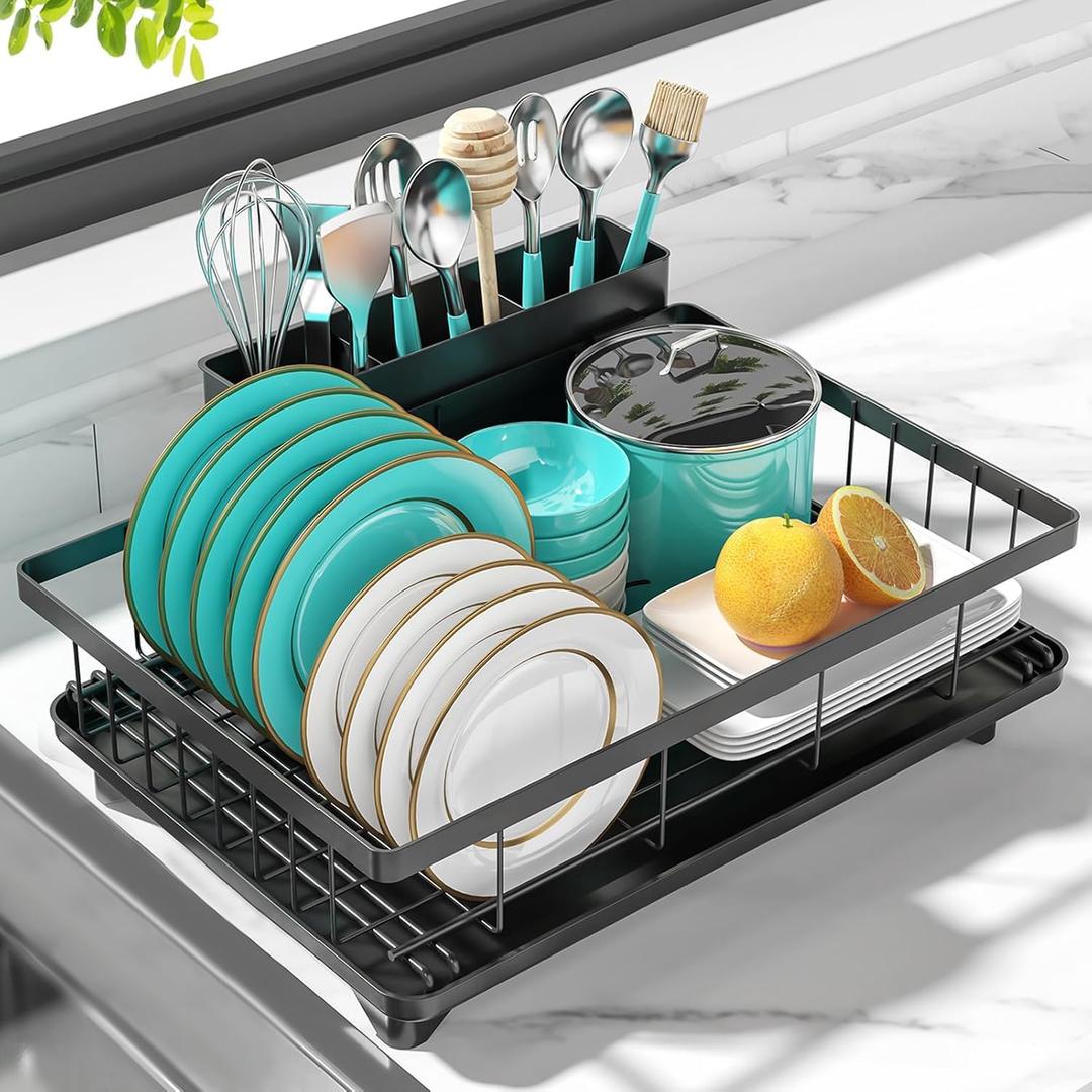 MERRYBOX Dish Drying Rack Space-Saving Dish Racks for Kitchen Counter, Rustproof Drying Rack Kitchen with Large Utensil Holder and Increased Feet, 16.5" D x 11.4" W x 5.65" H, Black