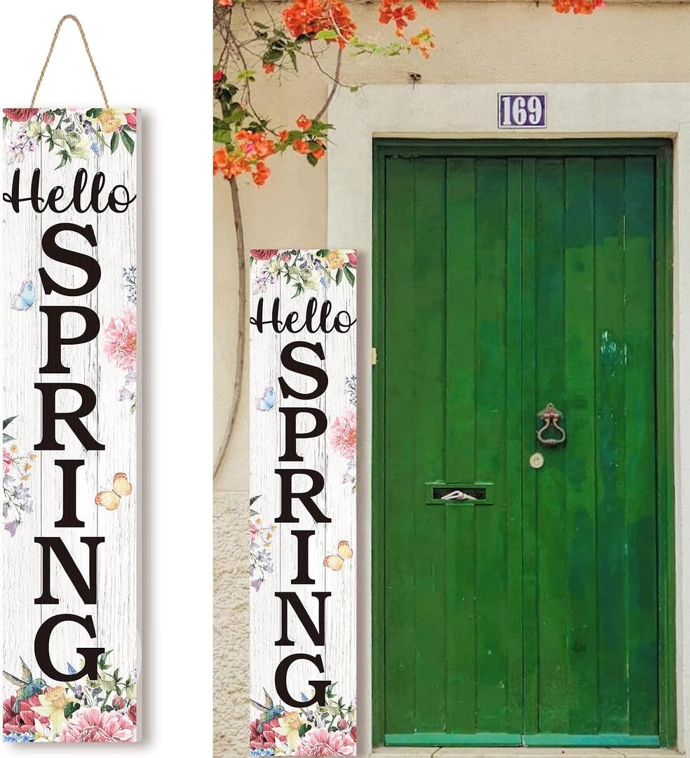 Jetec Hello Spring Wooden Porch Sign Large 37.5 Inch Front Door Welcome Hanging Sign Rustic Decorations for Home Front Porch Door Indoor Outdoor Decor(Spring Style)