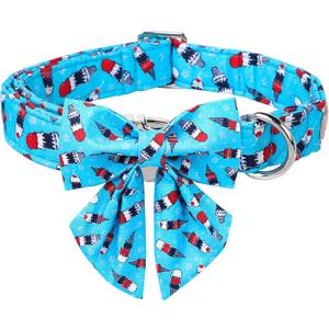 4th of July Dog Collar with Lady Bow, Blue Summer Icecream Flag Day Dog Bowtie Collars, Adjustable Pet Patriotic Collar for Small Medium Large Dogs XL