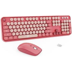 FD Wireless Keyboard and Mouse Combo | Cute Colorful Keyboard and Mouse with 2.4GHz Cordless Retro Typewriter Keyboard | Auto-Sleep | USB Receiver for Windows PC/Laptop - Pink Colorful