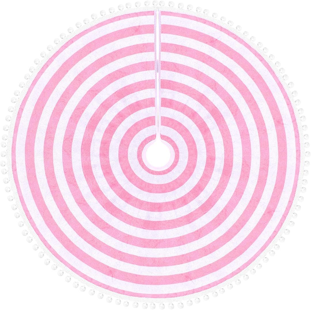 MACTING Christmas Tree Skirt 30 Inch Small Annual Rings Tree Mat with Pom Poms for Farmhouse Home Holiday Party Indoor Xmas Tree Decorations,Pink and White