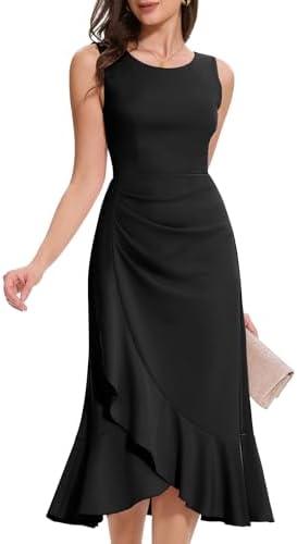 Aupuls Long Ruffel Wedding Guest Dresses for Women Elegant Sleeveless Ruched Waist Formal Dress XL