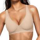 OEAK Womens Deep V Bras Wireless Comfortable Bra Supportive No Underwire Bras Tshirt Push Up Bralettes Plunge Seamless Bra (Beige, XS)
