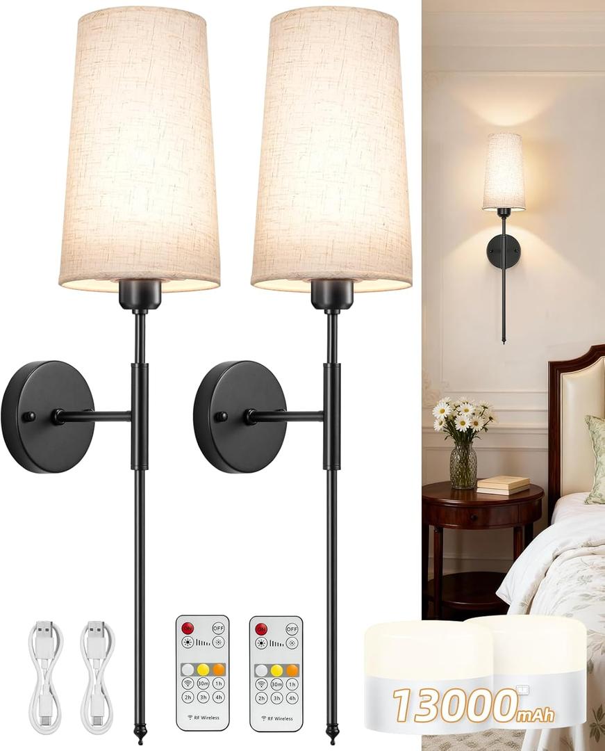 Battery Operated Wall Sconce Set of 2, 13000mAh Rechargeable Battery Powered Sconces with Remote Dimmable Fabric Shade Wireless Sconces Fixture for Bedroom Living Room (Black+Beige)