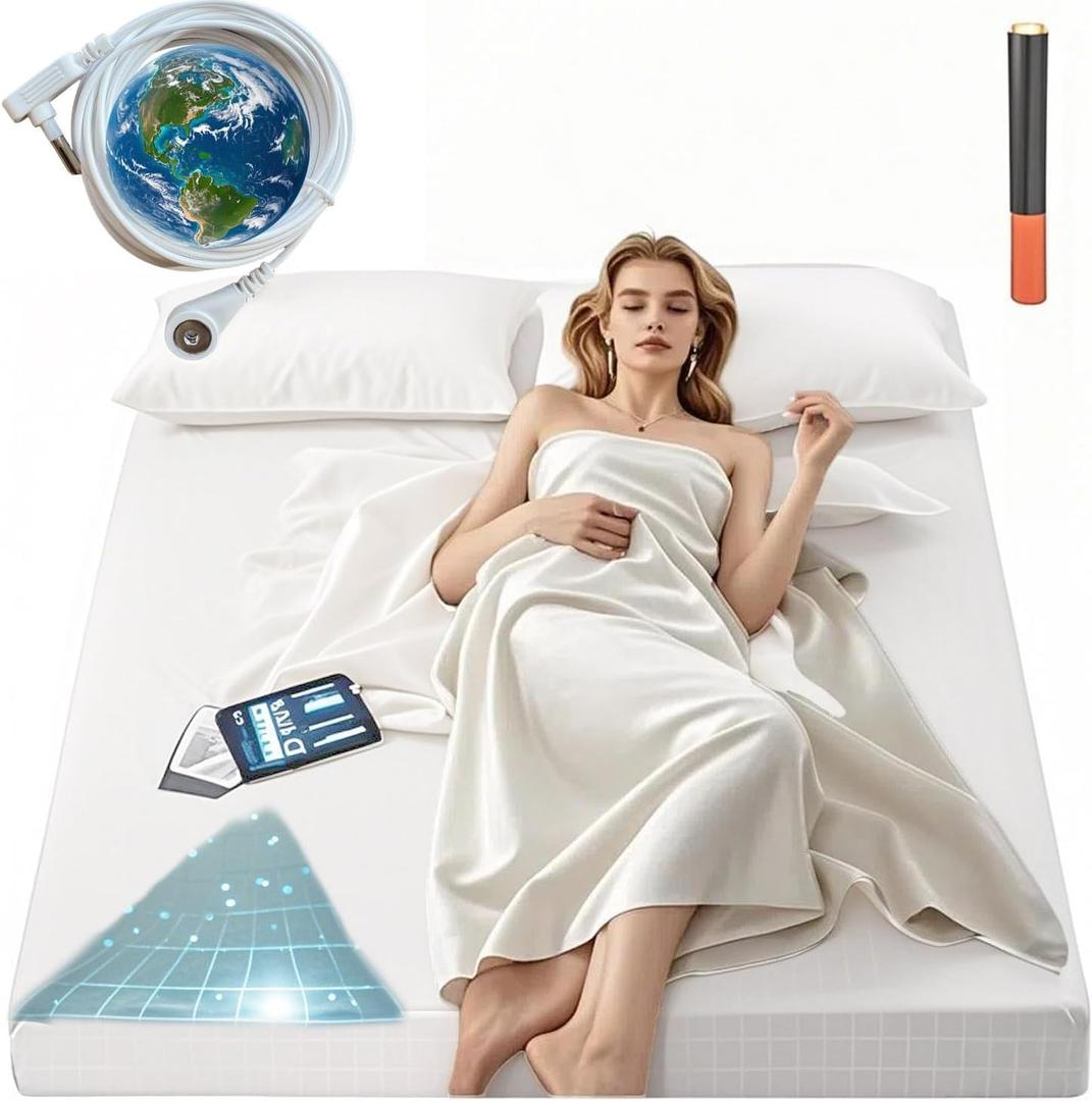 Grounding Sheets Queen Size, 20% Pure Silver Fiber + 80% Organic Cotton, Grounded Sheet Earth Connected Bedding Fitted Earth Sheets