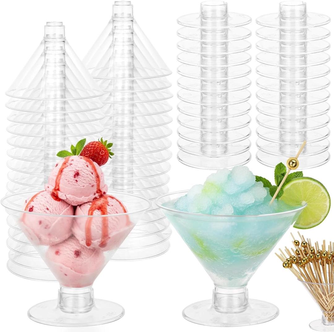 FELISTORY 100 PCS Plastic Martini Glasses Disposable with Wooden Picks, 5 oz Mini Dessert Cups Clear Cocktail Cups, Short Stem Stackable Shot Glasses for Party Drinks Ice Cream Desserts Appetizers
