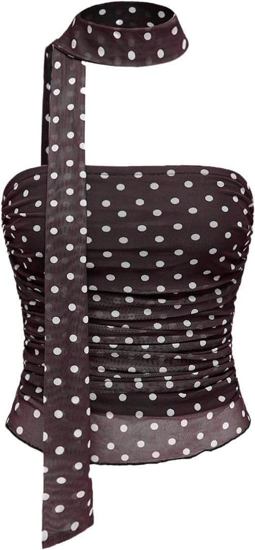 Milumia Women's Polka Dots Mesh Tube Tops Y2k Strapless Bandeau Top with Scarf (Brown)