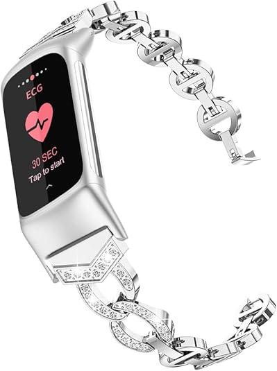 Wearlizer Compatible with Fitbit Charge 5 Bands, Adjustable Premium Metal Straps Bling Bracelet Dressy Wristbands Cute Accessories Replacement for Charge 5 Bands for Women, Silver
