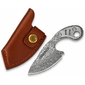 Small Damascus EDC Fixed Blade Knife with Sheath-ORIONER Z5 | Titanium alloy handle,full tang build,2.08 in blade, 3.97 in overall,1.43 oz. For box opening and cord cutting.