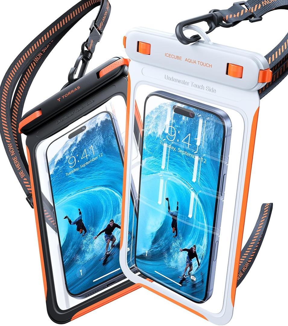 TORRAS 2 Pack IPX8 Waterproof Phone Pouch Floating, Underwater Screen Touchable, Waterproof Phone Case with Lanyard for iPhone 17 Pro Max 16 15 14 S26 Ultra S25, Cell Phone Dry Bag 7.0", Black & White