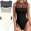 OQQ Women 2 Piece Bodysuit Mesh Ruched Sleeveless Turtle Neck Shapewear Body Suits One Piece Leotard Shirt Going Out Tops L