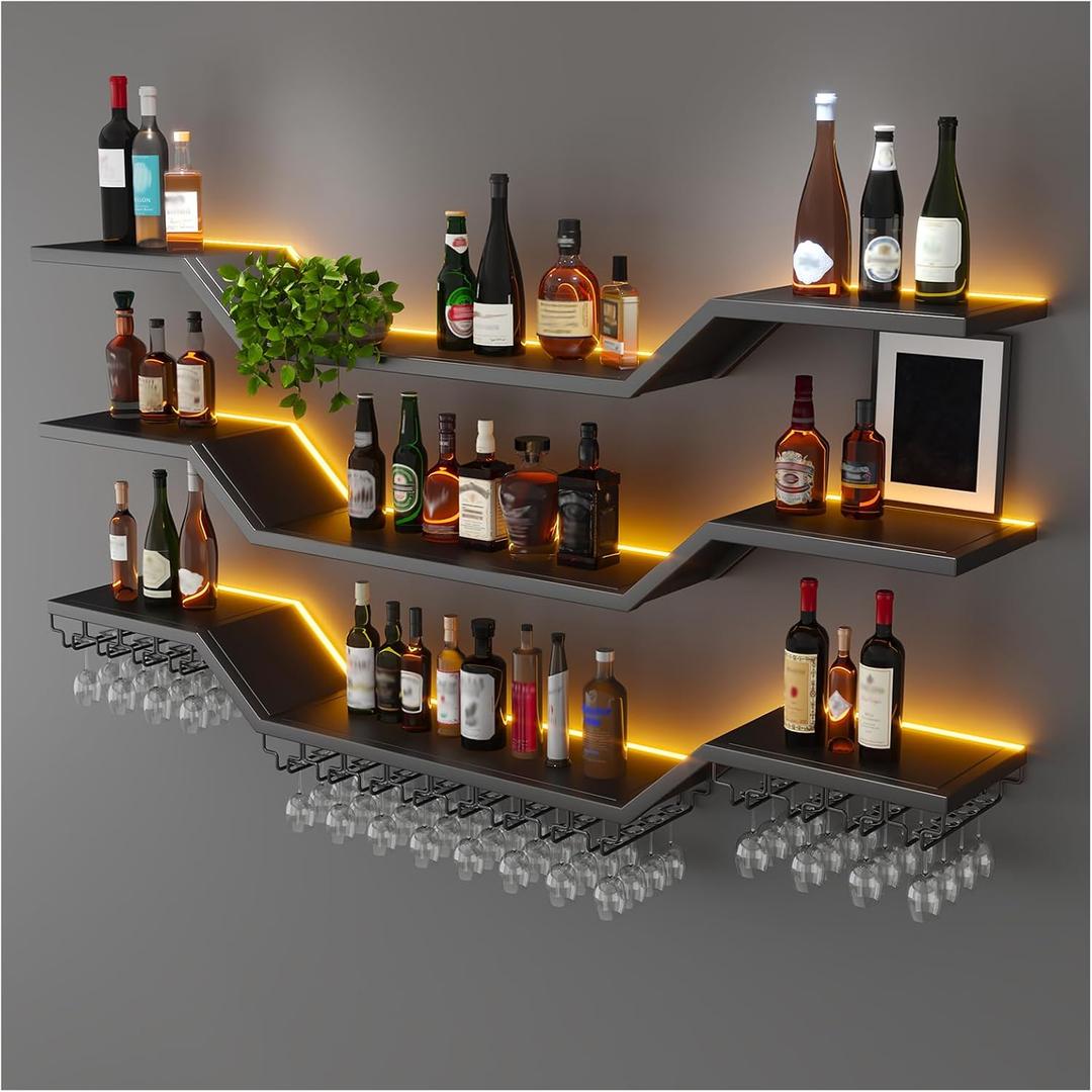 55.1in Modern LED Wine Rack Wall Mounted, 3-Tier Floating Bar Shelves with Wine Glass Rack, Large Hanging Liquor Shelf Wall Mounted, for Home Bar Dining Room Cafe Decorative (Black, 55.1in/140cm)