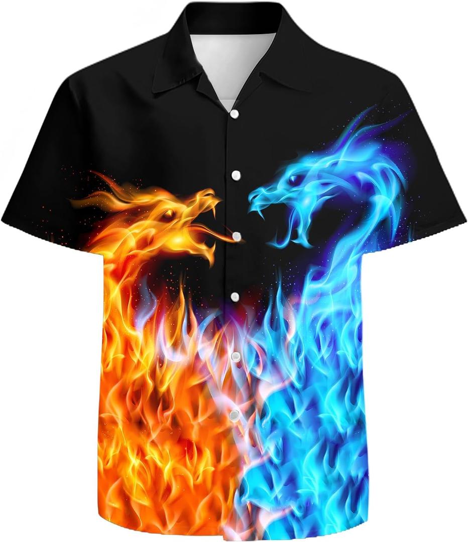 Blue Orange Dragon Mens Funny Hawaiian Shirts 3D Graphic Button Down Short Sleeve Tropical Holiday Beach Aloha Shirt (Black, XXL)