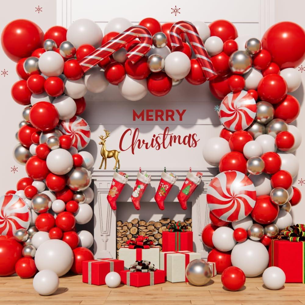 Christmas Balloon Arch Garland Kit 150pcs Red White Silver Balloons With Candy Cane Swirl Foil Balloons Xmas Merry Christmas Friendsmas Winter Santa Claus Ugly Sweater Party Decoration (Red)