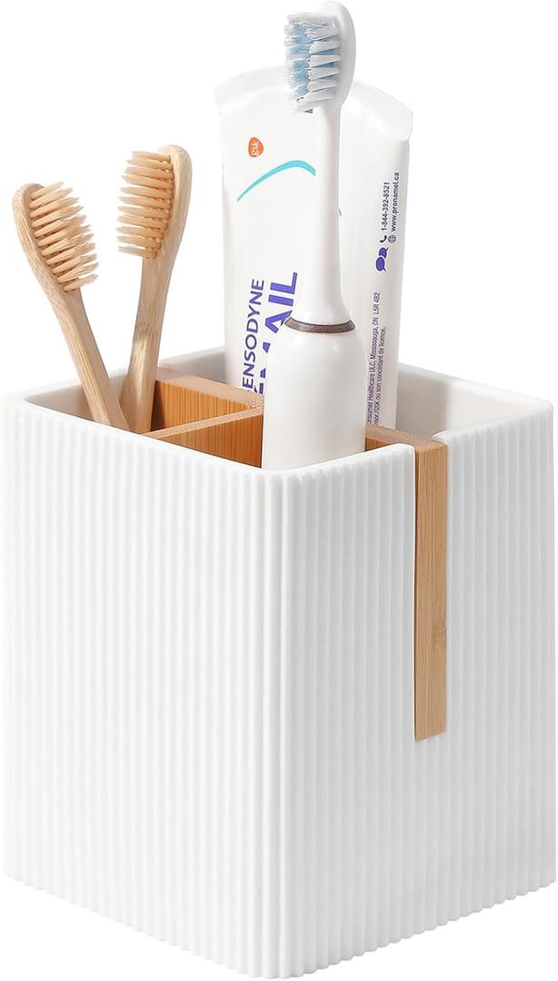 rejomiik Toothbrush Holders for Bathrooms Countertop, 3 Slots Electric Tooth Brushing and Toothpaste Storage Organizer Stand for Toiletries and Beauty Accessories, White