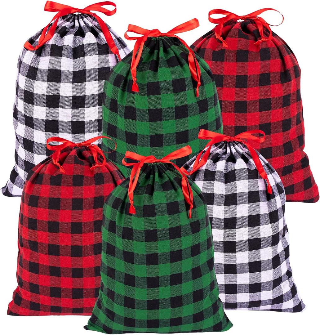 Joycraft 6Pcs Christmas Drawstring Gift Bags - 3 Styles Buffalo Plaid Bags, Cotton Cloth Wrapping Sacks, Pouches for Gift Box, Doll, Toy, Large Xmas Presents (Red- Black + Green-Black + Black-White)
