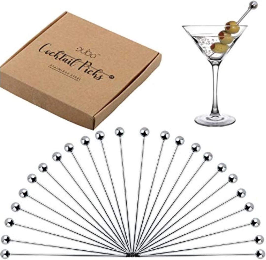 Premium Stainless Steel Cocktail Picks - 24 Pack / 4 Inch - Cocktail Skewers for Drinks