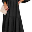 ANRABESS Womens Boho Maxi Dresses 2025 Summer V Neck Puff Sleeve Floral Flowy Swing Fall Casual Long Dress (Medium, Black)