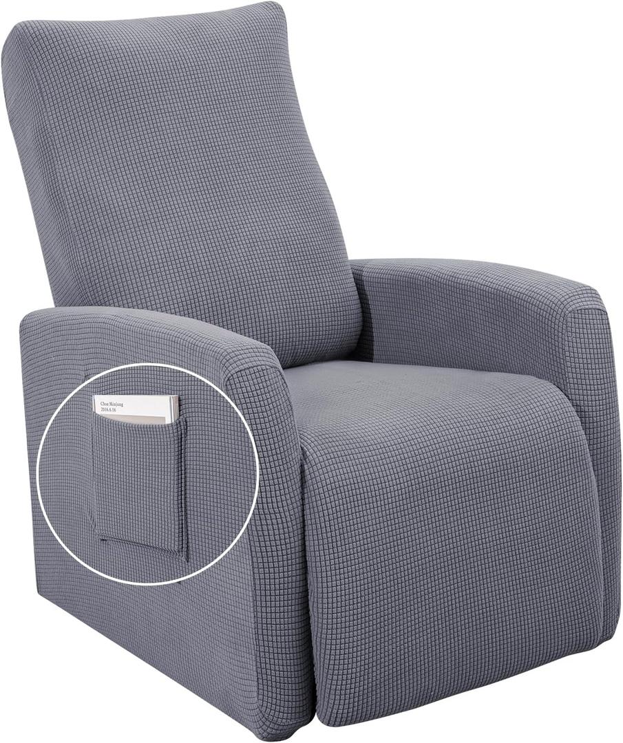 SearchI Recliner Chair Cover Jacquard Chair Covers 4 Piece, Small Recliners Sofa Slipcover for Home Theater Seating with Elastic Bottom, Recliner Protector with Pocket for Recliner, Light Gray