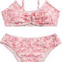OYOANGLE Girl's 2 Piece Ditsy Floral Bikini Swimsuit Ring Linked Ruched Bathing Suit (Red)