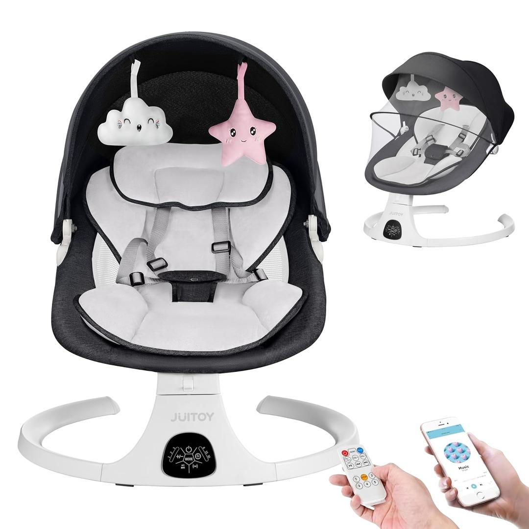 Electric Baby Swings for Infants to Toddler Baby Swing with 5-Speed 3-Seat Positions 5-Point Carabiner,with Bluetooth Music 10-Preset Melodies (Black white)