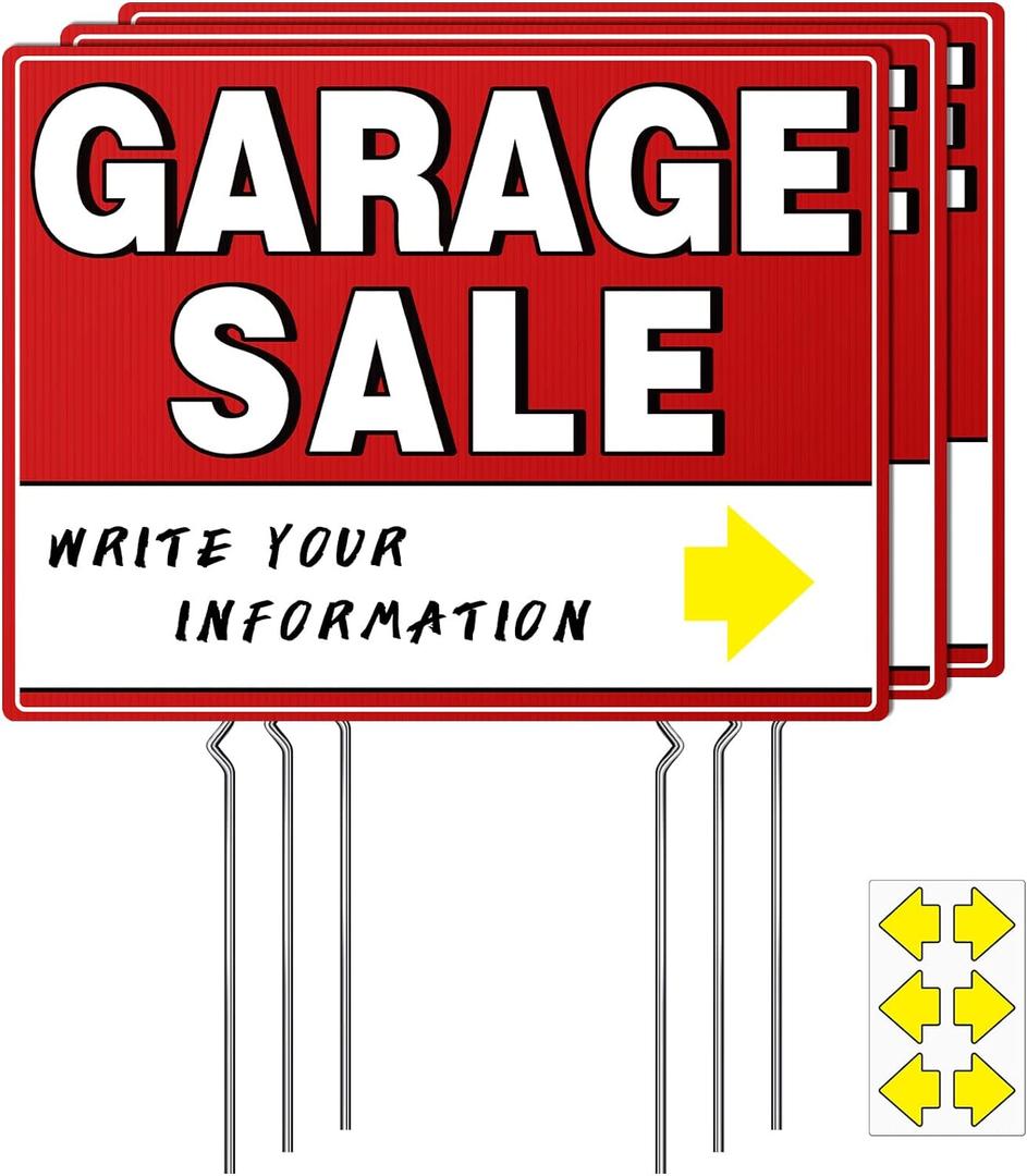Garage Sale Sign, 17" x 13" Double-Sided With Stakes and Arrow Stickers - Weather-Proof (4 Pack)