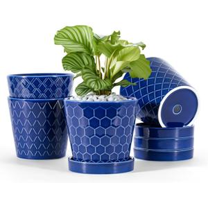 Ceramic Plant Pots 5 inch Indoor Flower Pot with Drainage Hole and Ceramic Tray - Gardening Home Desktop Office Windowsill Decoration Gift, Set of 4-Plants NOT Included(Blue) (Small)