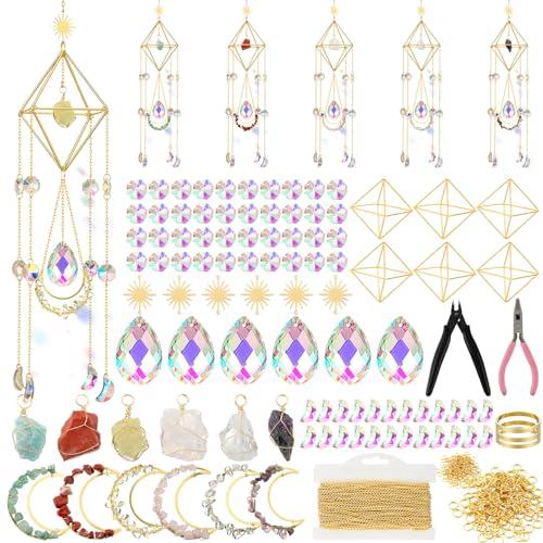 Knitgrip 6 Set 508 Pcs DIY Crystal Suncatcher Making Kits Craft with Rainbow Pendants Chains Gemstone Sun Catcher Hanging Colorful Crystal Prisms Windows Decor Wind Chimes with Chain Pendant Decor