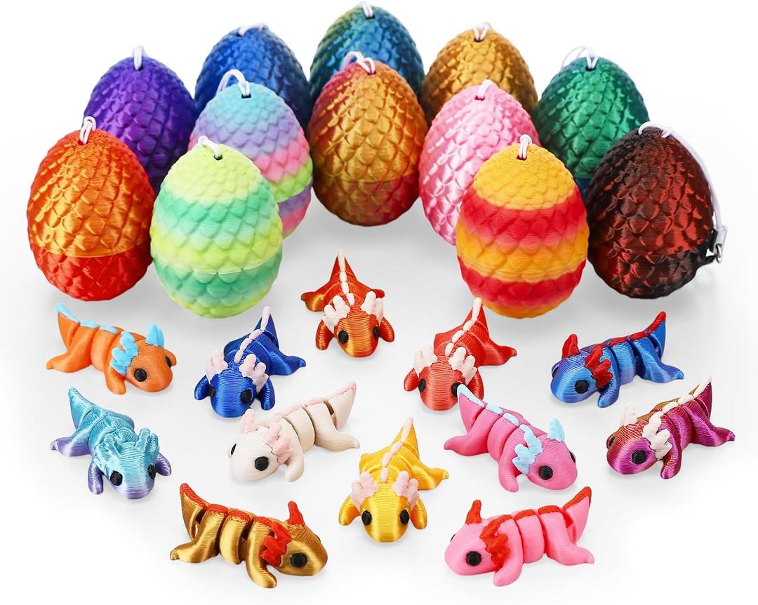 12 Pcs Mini 3D Printed Animal with 12 Pcs Mini Easter Eggs, Cute 3D Printed Axolotl Figurines Set Home Office Decor Easter Birthday Gifts Stress Relief Fidget Toys